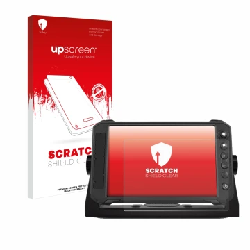 Face avant d’un emballage produit avec le logo de la marque upscreen. À côté, l’appareil Lowrance Elite FS 7 est représenté av