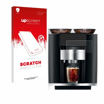 Face avant d’un emballage produit avec le logo de la marque upscreen. À côté, l’appareil Jura Giga 10 est représenté avec la p