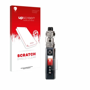 Face avant d’un emballage produit avec le logo de la marque upscreen. À côté, l’appareil Voopoo Drag M100S est représenté avec