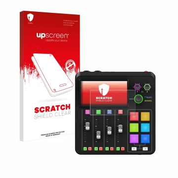 Face avant d’un emballage produit avec le logo de la marque upscreen. À côté, l’appareil Rode Rodecaster Duo est représenté av