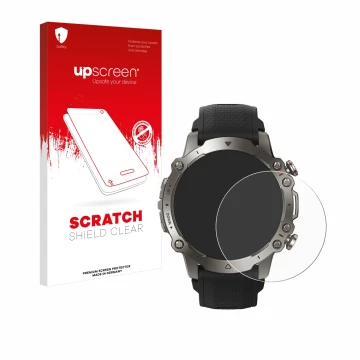 Face avant d’un emballage produit avec le logo de la marque upscreen. À côté, l’appareil Huami Amazfit Falcon est représenté a