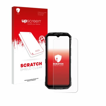 Face avant d’un emballage produit avec le logo de la marque upscreen. À côté, l’appareil Doogee V30 est représenté avec la pro