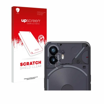 Face avant d’un emballage produit avec le logo de la marque upscreen. À côté, l’appareil Nothing Phone (2) (Caméra UNIQUEMENT)
