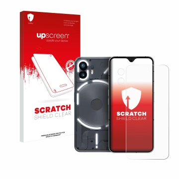 Face avant d’un emballage produit avec le logo de la marque upscreen. À côté, l’appareil Nothing Phone (2) (Avant+Caméra) est 