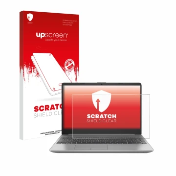 Face avant d’un emballage produit avec le logo de la marque upscreen. À côté, l’appareil HP 250 G9 est représenté avec la prot