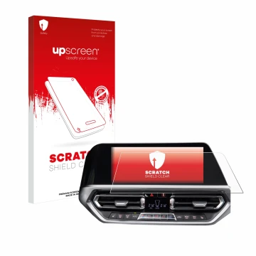 Face avant d’un emballage produit avec le logo de la marque upscreen. À côté, l’appareil BMW 3 G20 2020 est représenté avec la