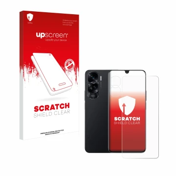 Face avant d’un emballage produit avec le logo de la marque upscreen. À côté, l’appareil Honor 90 Lite (Avant+Caméra) est repr