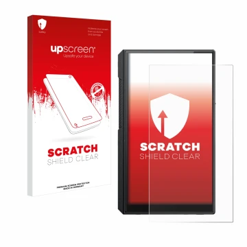 Face avant d’un emballage produit avec le logo de la marque upscreen. À côté, l’appareil FiiO M11s est représenté avec la prot