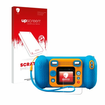 Face avant d’un emballage produit avec le logo de la marque upscreen. À côté, l’appareil Vtech Kidizoom Kid 4 est représenté a