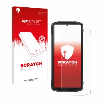 Face avant d’un emballage produit avec le logo de la marque upscreen. À côté, l’appareil Cubot King Kong Star est représenté a