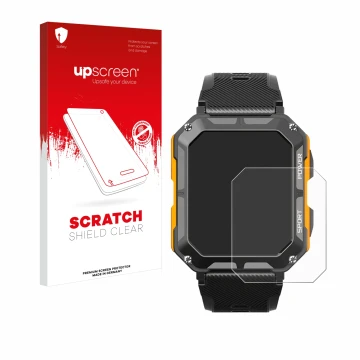 Face avant d’un emballage produit avec le logo de la marque upscreen. À côté, l’appareil Njord Gear The Indestructible Smartwa