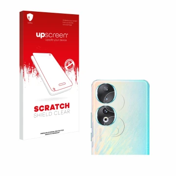 Face avant d’un emballage produit avec le logo de la marque upscreen. À côté, l’appareil Honor 90 (Caméra UNIQUEMENT) est repr