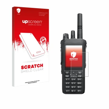 Face avant d’un emballage produit avec le logo de la marque upscreen. À côté, l’appareil Motorola Mototrbo R7 est représenté a