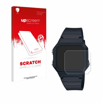 Face avant d’un emballage produit avec le logo de la marque upscreen. À côté, l’appareil Casio W-217H-1AVCF est représenté ave