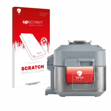 Face avant d’un emballage produit avec le logo de la marque upscreen. À côté, l’appareil Ninja Speedi Rapid Cooking System est