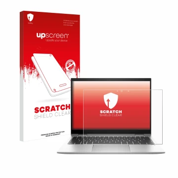 Face avant d’un emballage produit avec le logo de la marque upscreen. À côté, l’appareil HP EliteBook x360 830 G10 est représe