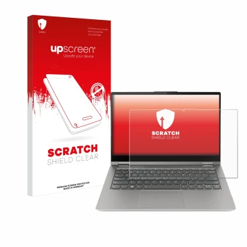 Face avant d’un emballage produit avec le logo de la marque upscreen. À côté, l’appareil Lenovo ThinkBook 14s Yoga G3 est repr