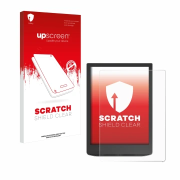 Face avant d’un emballage produit avec le logo de la marque upscreen. À côté, l’appareil PocketBook InkPad 4 est représenté av