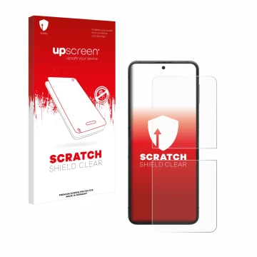 Face avant d’un emballage produit avec le logo de la marque upscreen. À côté, l’appareil Samsung Galaxy Z Flip 5 est représent