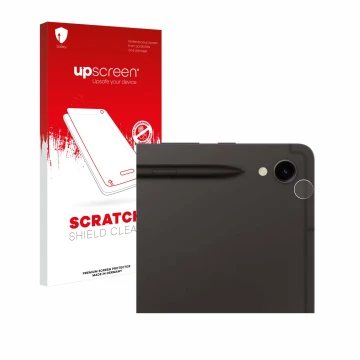 Face avant d’un emballage produit avec le logo de la marque upscreen. À côté, l’appareil Samsung Galaxy Tab S9 WiFi (Caméra UN