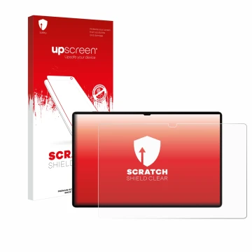 Face avant d’un emballage produit avec le logo de la marque upscreen. À côté, l’appareil Samsung Galaxy Tab S9 Ultra WiFi est 