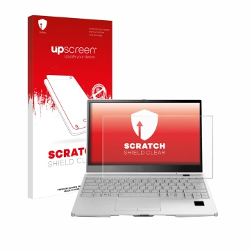 Face avant d’un emballage produit avec le logo de la marque upscreen. À côté, l’appareil Fujitsu Lifebook U9313X est représent