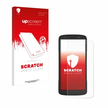 Face avant d’un emballage produit avec le logo de la marque upscreen. À côté, l’appareil Zebra TC27 est représenté avec la pro