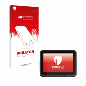 Face avant d’un emballage produit avec le logo de la marque upscreen. À côté, l’appareil Zebra ET65 est représenté avec la pro