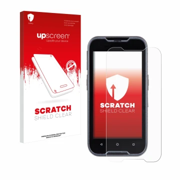 Face avant d’un emballage produit avec le logo de la marque upscreen. À côté, l’appareil Datalogic Memor 11 est représenté ave