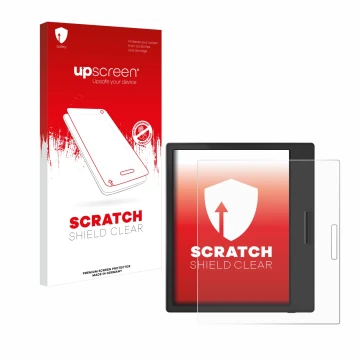 Face avant d’un emballage produit avec le logo de la marque upscreen. À côté, l’appareil Boox Page est représenté avec la prot