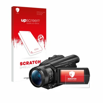 Face avant d’un emballage produit avec le logo de la marque upscreen. À côté, l’appareil Sony FDR-AX700 est représenté avec la