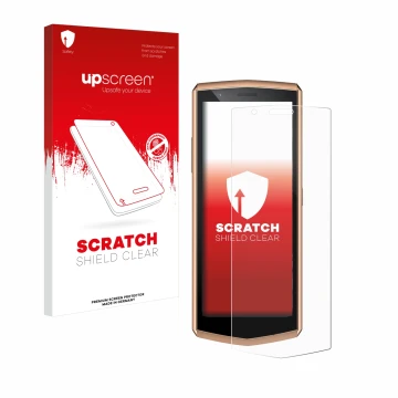 Face avant d’un emballage produit avec le logo de la marque upscreen. À côté, l’appareil Cubot Pocket 3 est représenté avec la