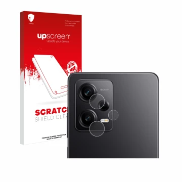 Face avant d’un emballage produit avec le logo de la marque upscreen. À côté, l’appareil Xiaomi Redmi Note 12 Pro 5G (Caméra U