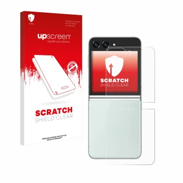 Face avant d’un emballage produit avec le logo de la marque upscreen. À côté, l’appareil Samsung Galaxy Z Flip 5 (Arrière) est