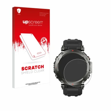 Face avant d’un emballage produit avec le logo de la marque upscreen. À côté, l’appareil Huami Amazfit T-Rex Ultra est représe