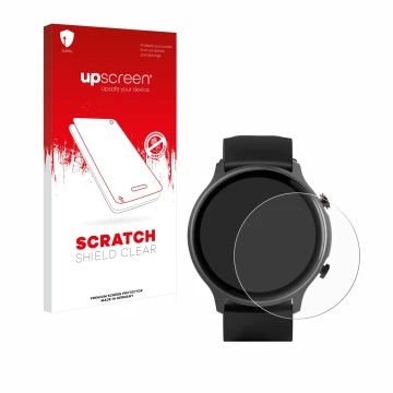 Face avant d’un emballage produit avec le logo de la marque upscreen. À côté, l’appareil Hama Fit Watch 6910 est représenté av