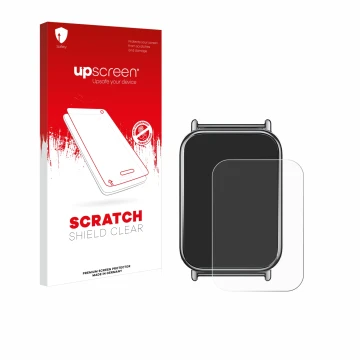 Face avant d’un emballage produit avec le logo de la marque upscreen. À côté, l’appareil Xiaomi Mi Band 8 Pro est représenté a