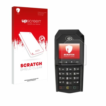 Face avant d’un emballage produit avec le logo de la marque upscreen. À côté, l’appareil ingenico Lane/3000 (non-touch) est re