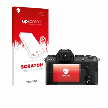 Face avant d’un emballage produit avec le logo de la marque upscreen. À côté, l’appareil Fujifilm X-S20 est représenté avec la