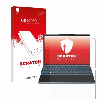 Face avant d’un emballage produit avec le logo de la marque upscreen. À côté, l’appareil Lenovo Yoga Book 9i Gen 8 est représe