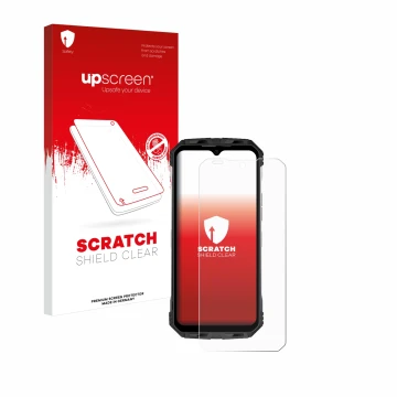 Face avant d’un emballage produit avec le logo de la marque upscreen. À côté, l’appareil Doogee S110 est représenté avec la pr