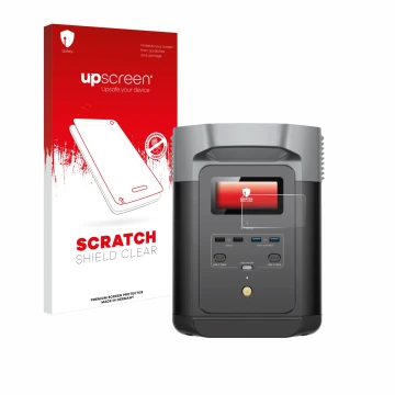 Face avant d’un emballage produit avec le logo de la marque upscreen. À côté, l’appareil EcoFlow DELTA 2 est représenté avec l