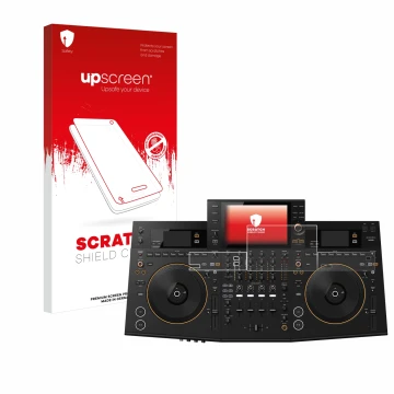Face avant d’un emballage produit avec le logo de la marque upscreen. À côté, l’appareil Pioneer OPUS-QUAD est représenté avec