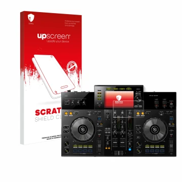 Face avant d’un emballage produit avec le logo de la marque upscreen. À côté, l’appareil Pioneer XDJ -RR est représenté avec l