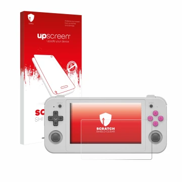Face avant d’un emballage produit avec le logo de la marque upscreen. À côté, l’appareil Anbernic RG505 est représenté avec la