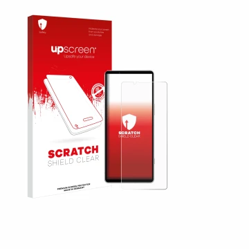 Face avant d’un emballage produit avec le logo de la marque upscreen. À côté, l’appareil Sony Xperia 5 V est représenté avec l