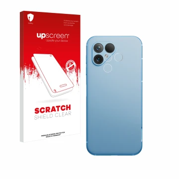 Face avant d’un emballage produit avec le logo de la marque upscreen. À côté, l’appareil Fairphone 5 (Caméra UNIQUEMENT) est r