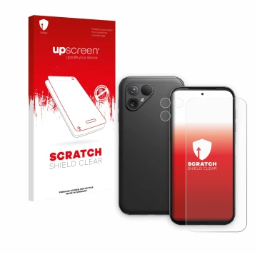 Face avant d’un emballage produit avec le logo de la marque upscreen. À côté, l’appareil Fairphone 5 (Avant+Caméra) est représ