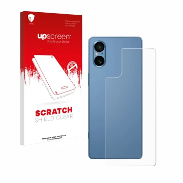 Face avant d’un emballage produit avec le logo de la marque upscreen. À côté, l’appareil Sony Xperia 5 V (Arrière) est représe