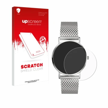 Face avant d’un emballage produit avec le logo de la marque upscreen. À côté, l’appareil Liebeskind New Case Mesh (34 mm) est 